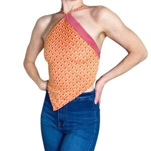 ZARA ORANGE JAKARLI HALTER NECK CHECKERED ASYMMETRICAL CROP TOP